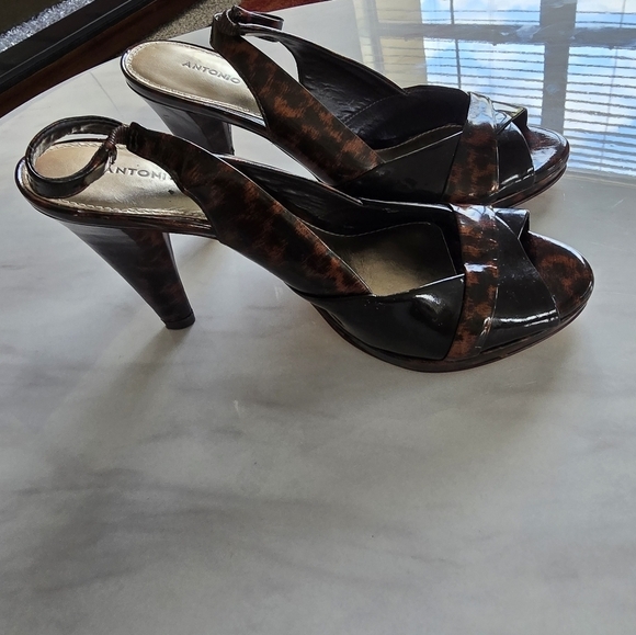 Antonio Melani Heels Womens Sz 9M Brown Patent Leather Open Toe  Ankle - Picture 9 of 15